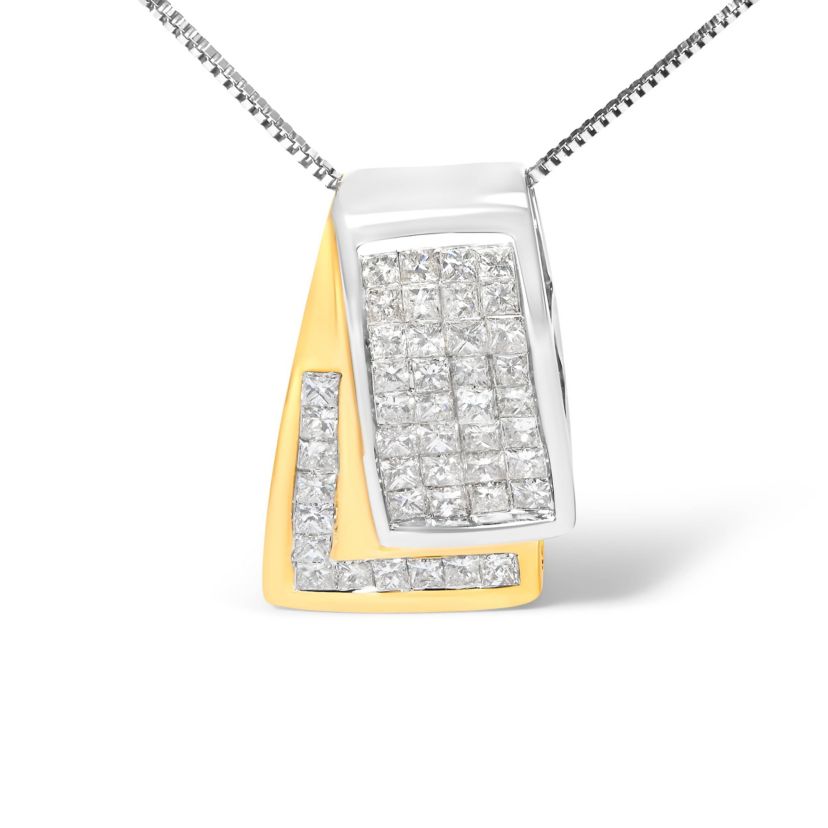 14K Gold 1.0 Cttw Diamond Two Tone Foldover Box Pendant 18” Box Chain Necklace