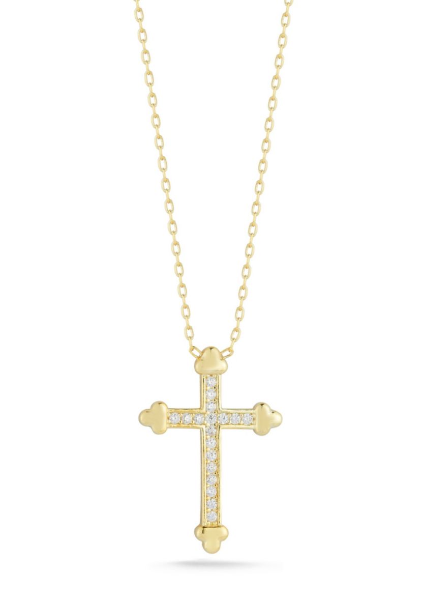 Sterling Silver Cubic Zirconia Budded Cross Pendant Necklace