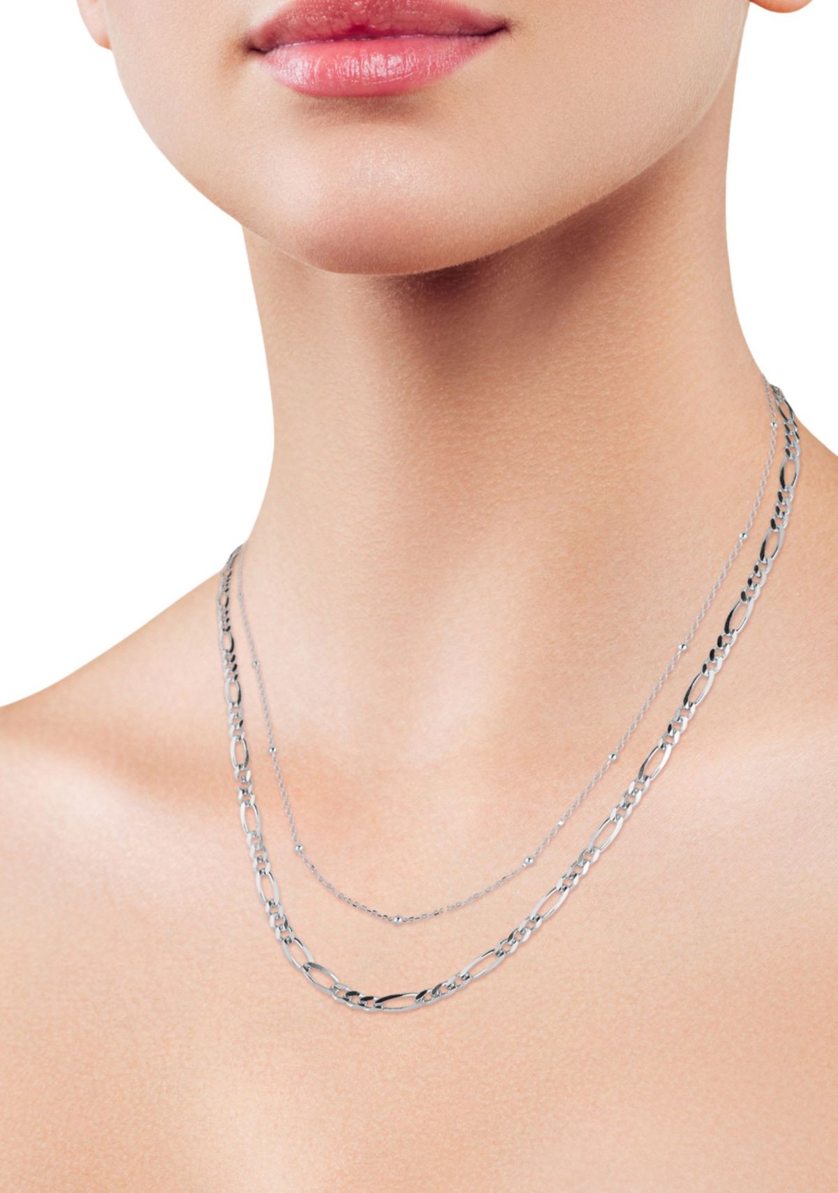 Sterling Silver Double Layer Figaro and Ball Chain Necklace