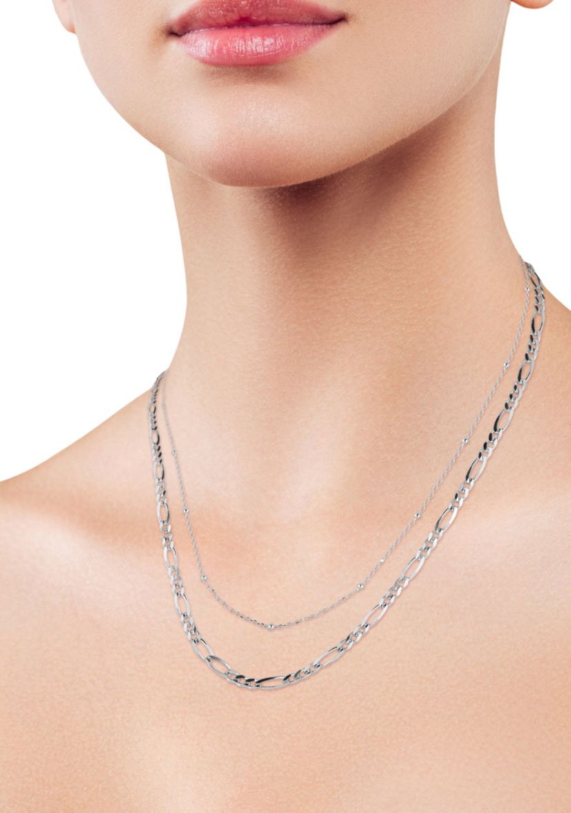 Sterling Silver Double Layer Figaro and Ball Chain Necklace