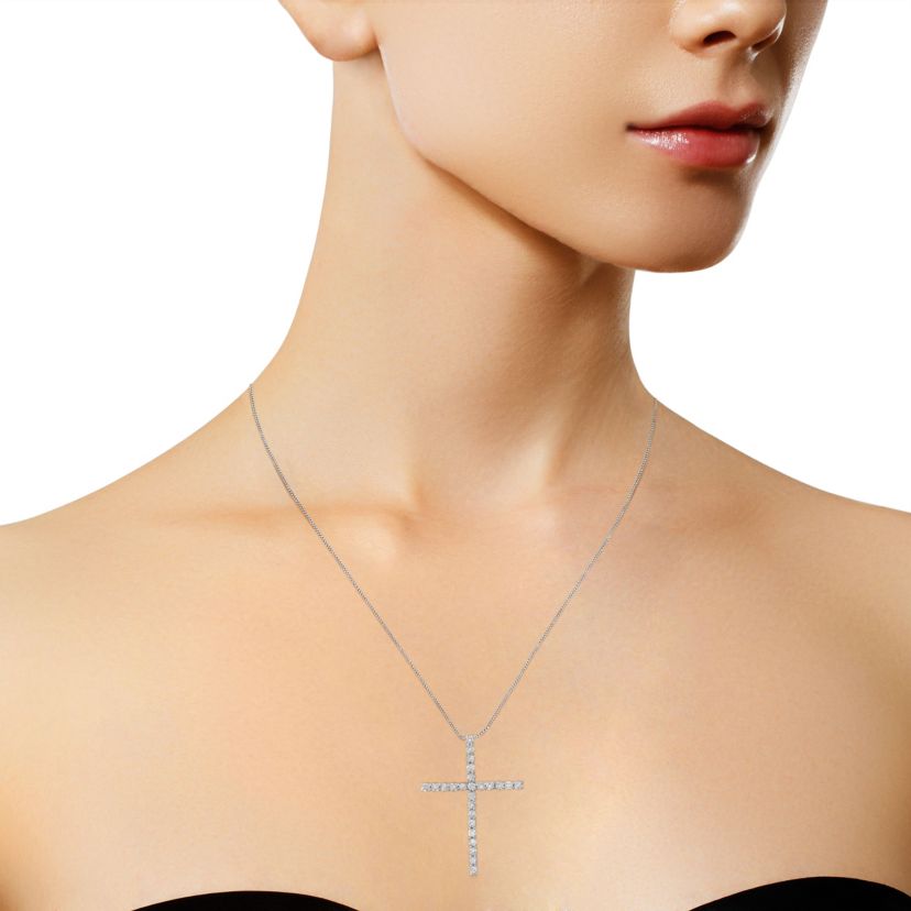 Silver 3.0 Cttw Diamond 1-1/2" Cross Pendant with Box Chain Necklace - 18"