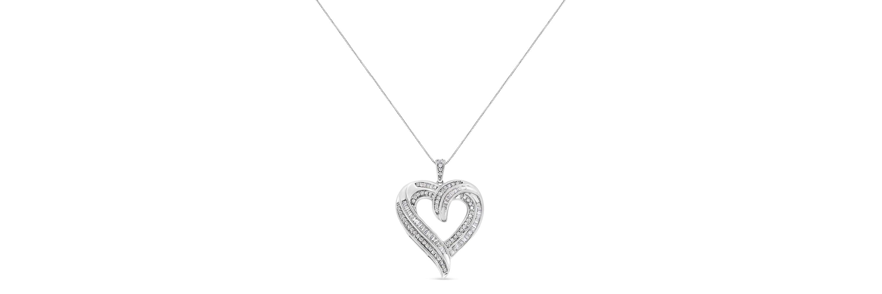 Silver 3/4 Cttw Round and Baguette-Cut Diamond Open Heart 18" Pendant Necklace