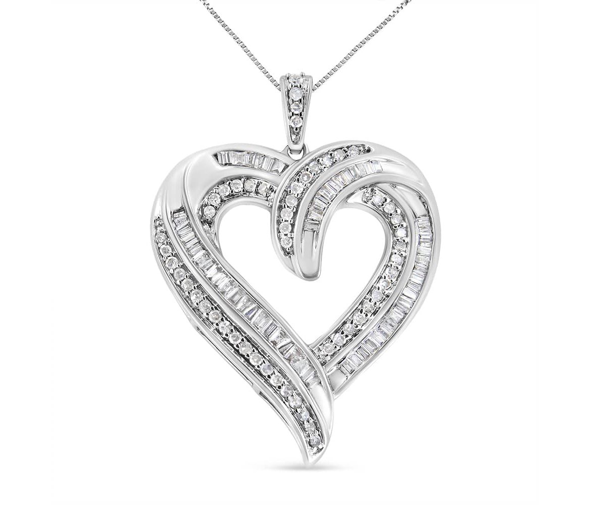 Silver 3/4 Cttw Round and Baguette-Cut Diamond Open Heart 18" Pendant Necklace