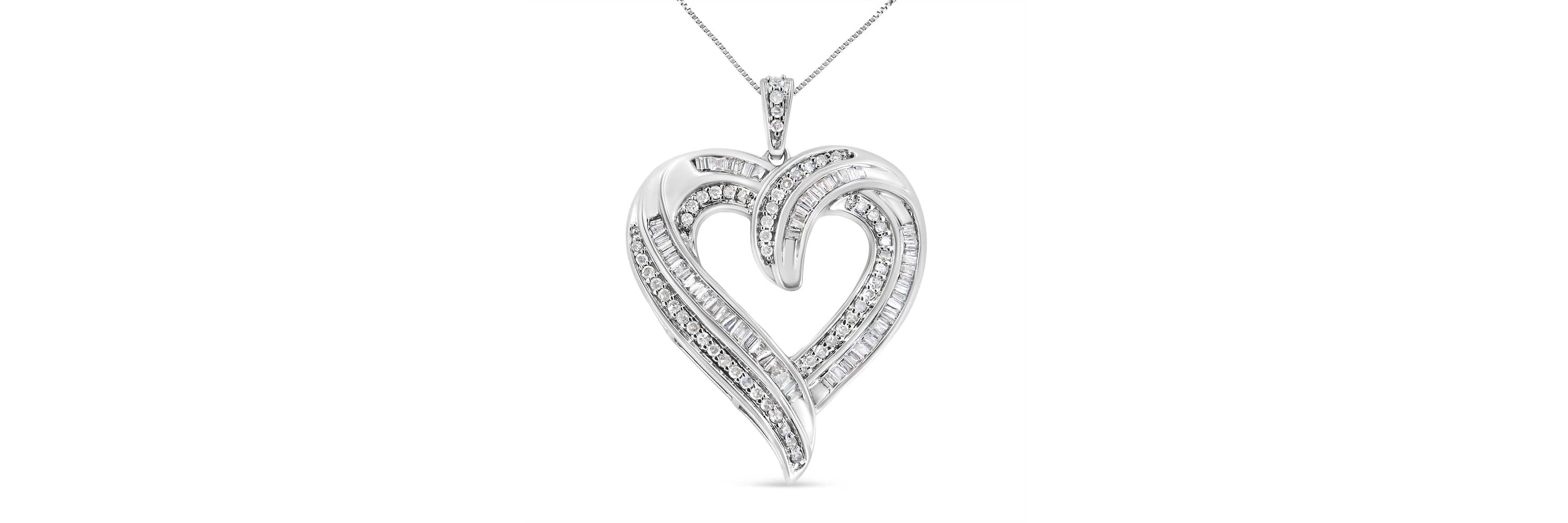 Silver 3/4 Cttw Round and Baguette-Cut Diamond Open Heart 18" Pendant Necklace
