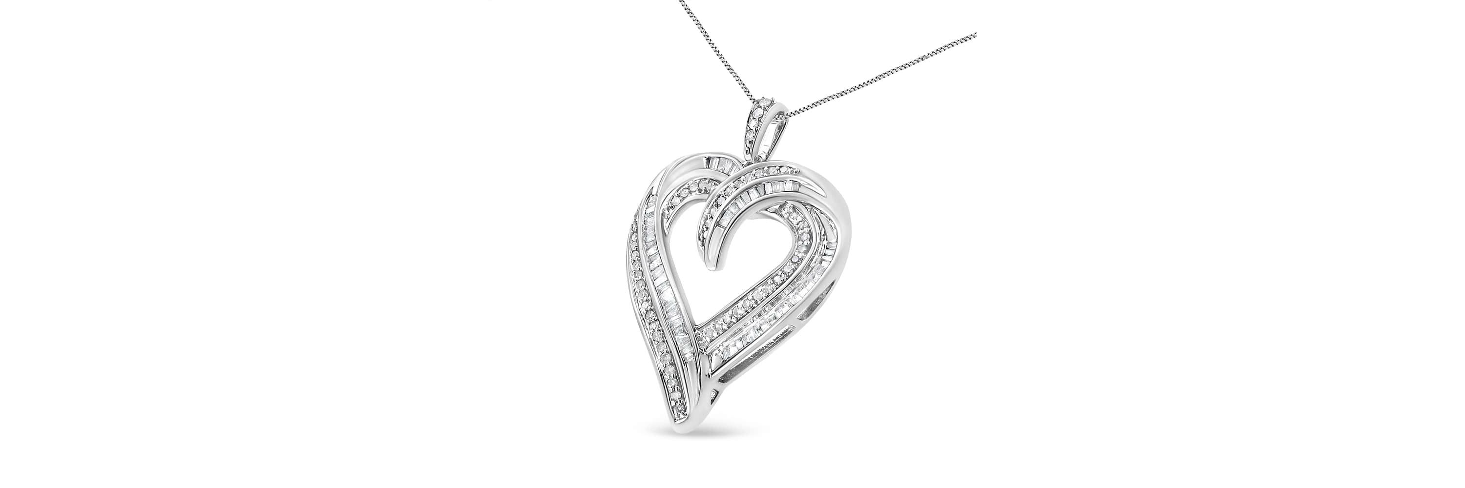 Silver 3/4 Cttw Round and Baguette-Cut Diamond Open Heart 18" Pendant Necklace
