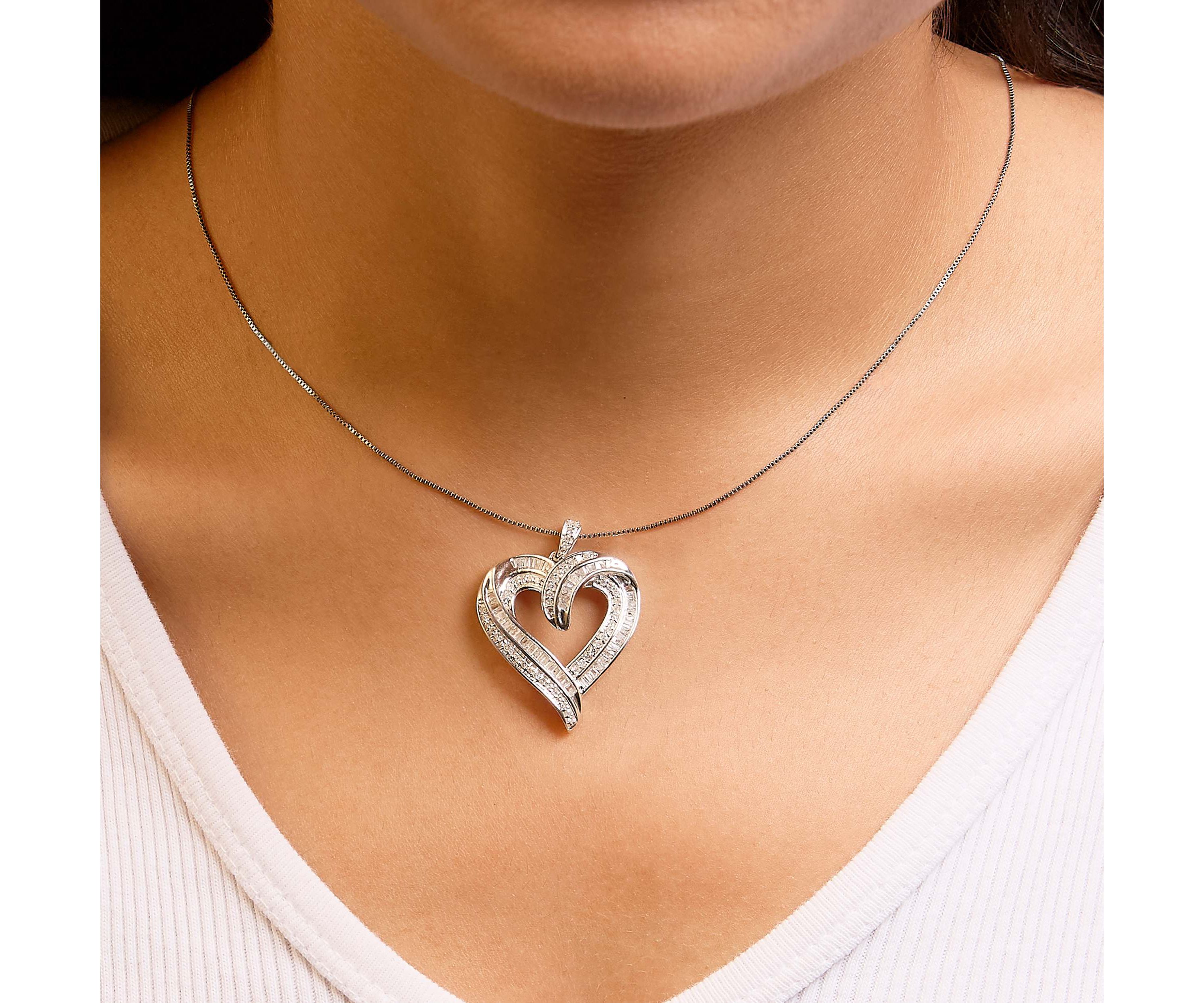 Silver 3/4 Cttw Round and Baguette-Cut Diamond Open Heart 18" Pendant Necklace