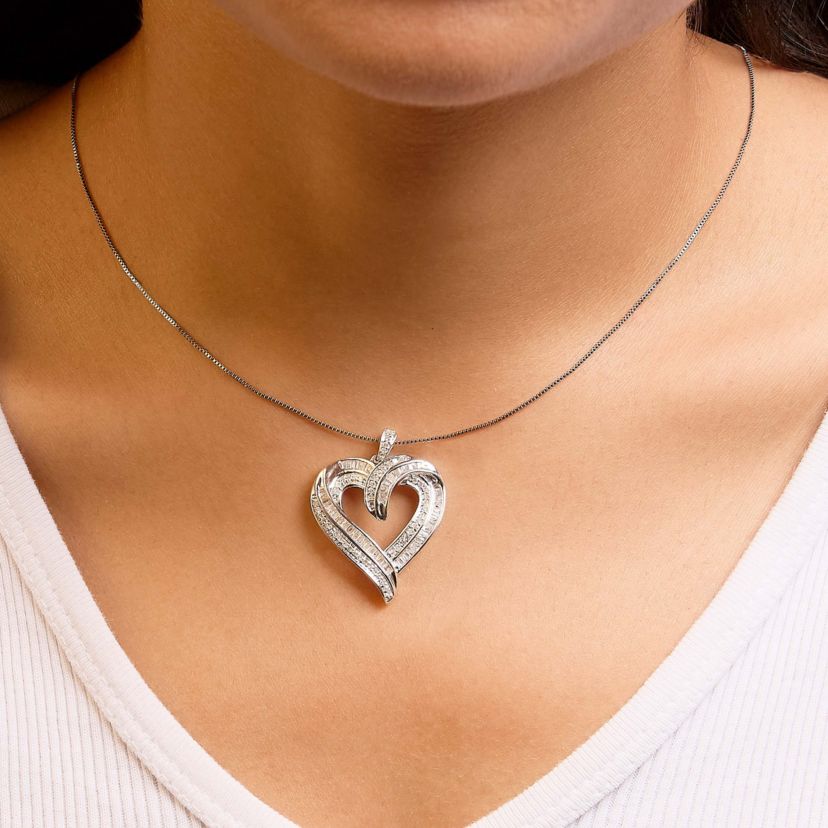 Silver 3/4 Cttw Round and Baguette-Cut Diamond Open Heart 18" Pendant Necklace