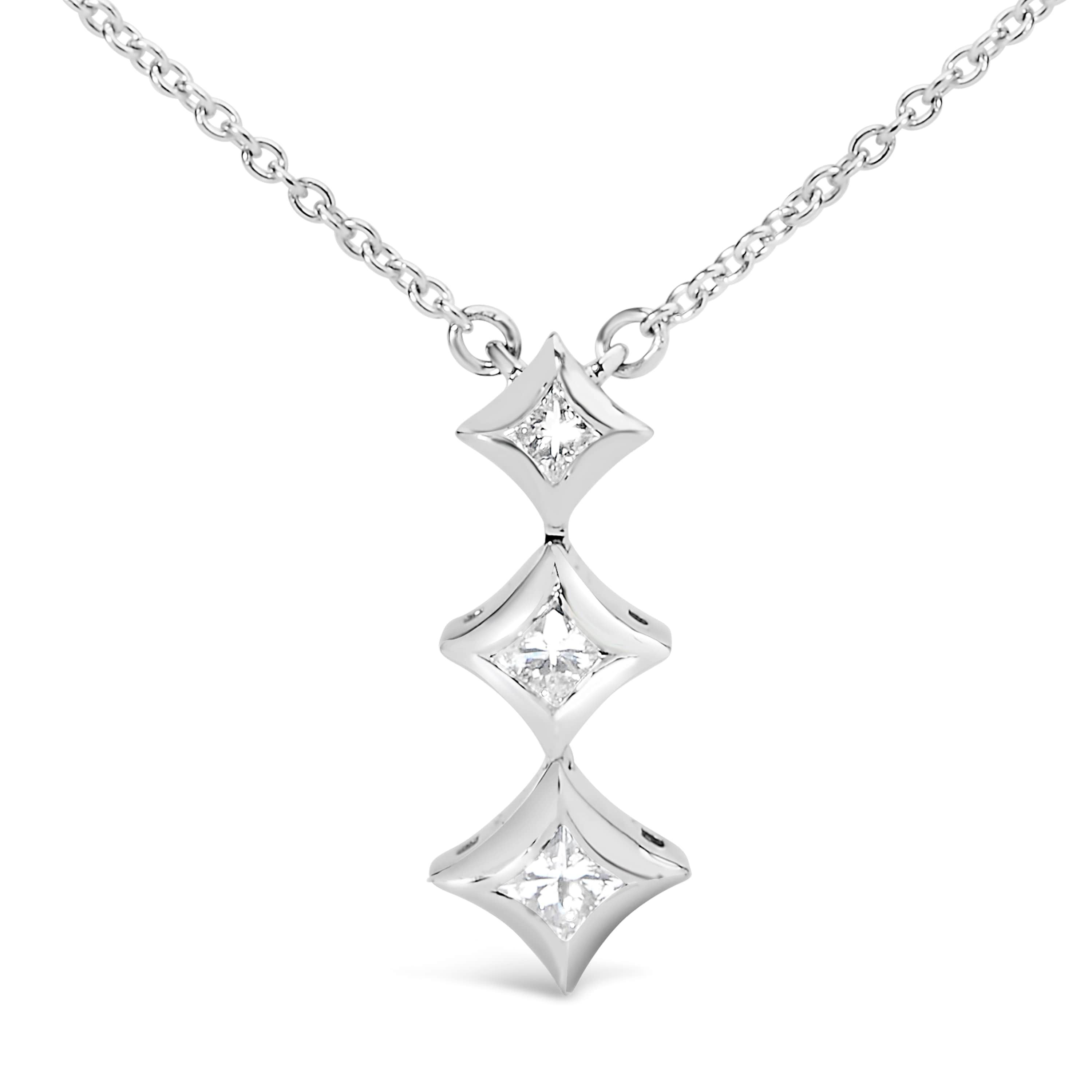 10K Gold 1/5 Cttw Princess Cut Diamond 3 Stone Drop 18" Pendant Necklace