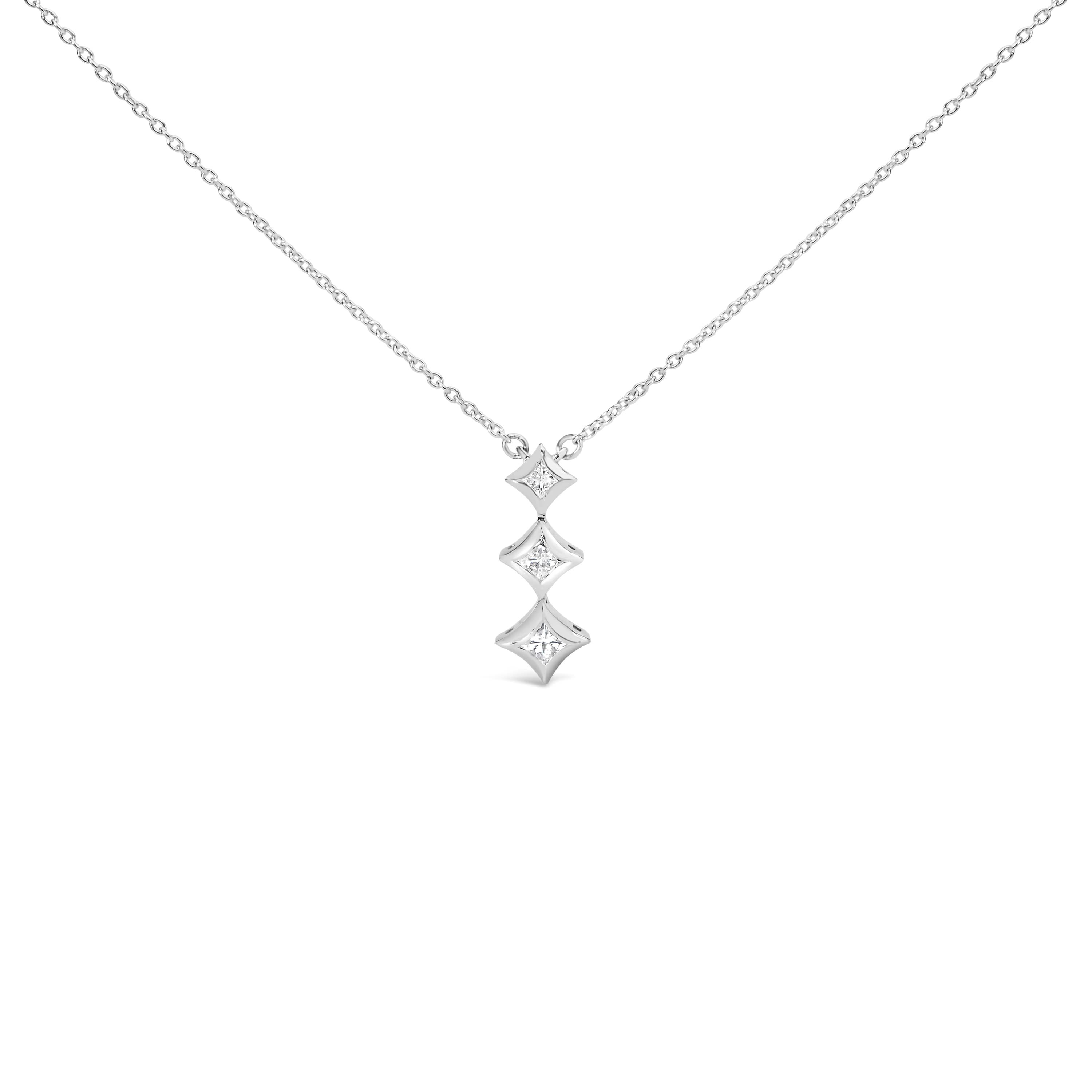 10K Gold 1/5 Cttw Princess Cut Diamond 3 Stone Drop 18" Pendant Necklace