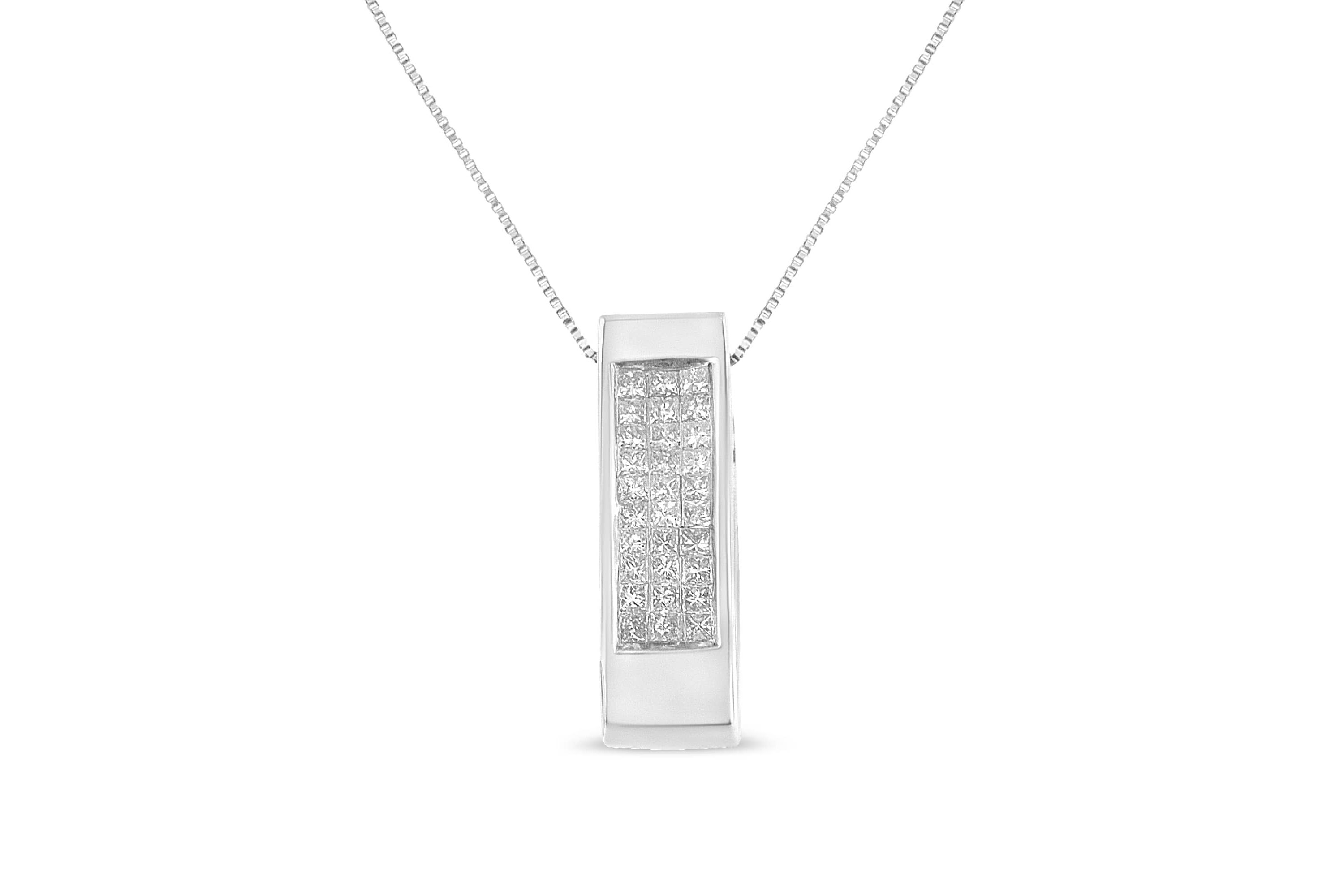 14K Gold 1/2 Cttw Princess Cut Diamond Vertical Bar Block Pendant 18" Necklace