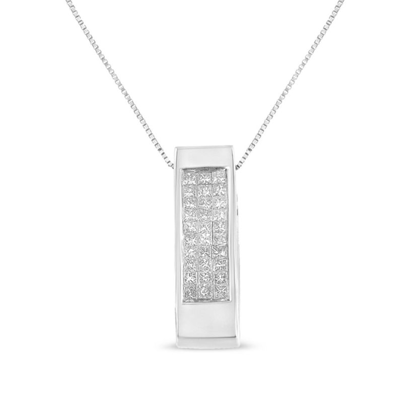 14K Gold 1/2 Cttw Princess Cut Diamond Vertical Bar Block Pendant 18" Necklace