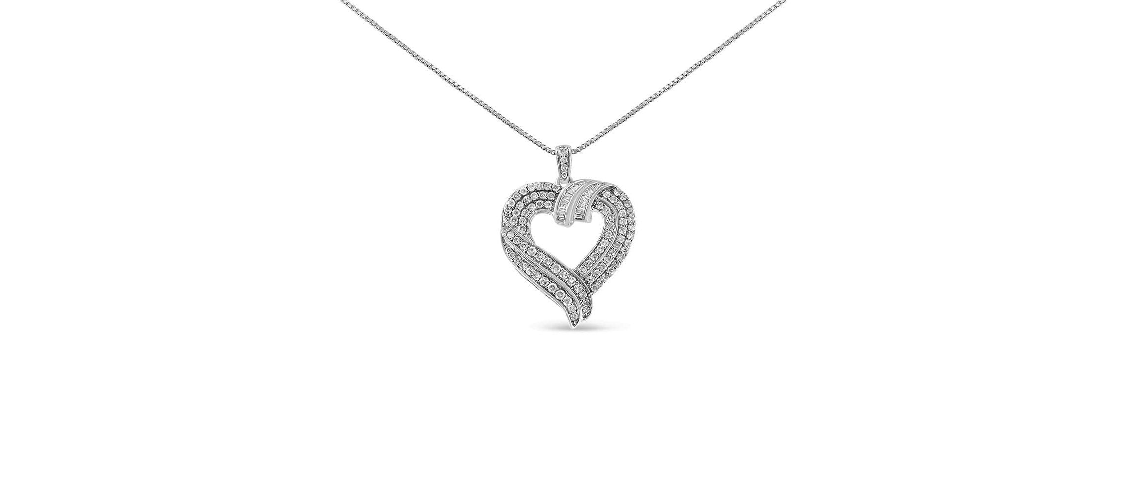 Silver 1.00 Cttw Baguette Diamond Composite Open Heart 18" Inch Pendant Necklace
