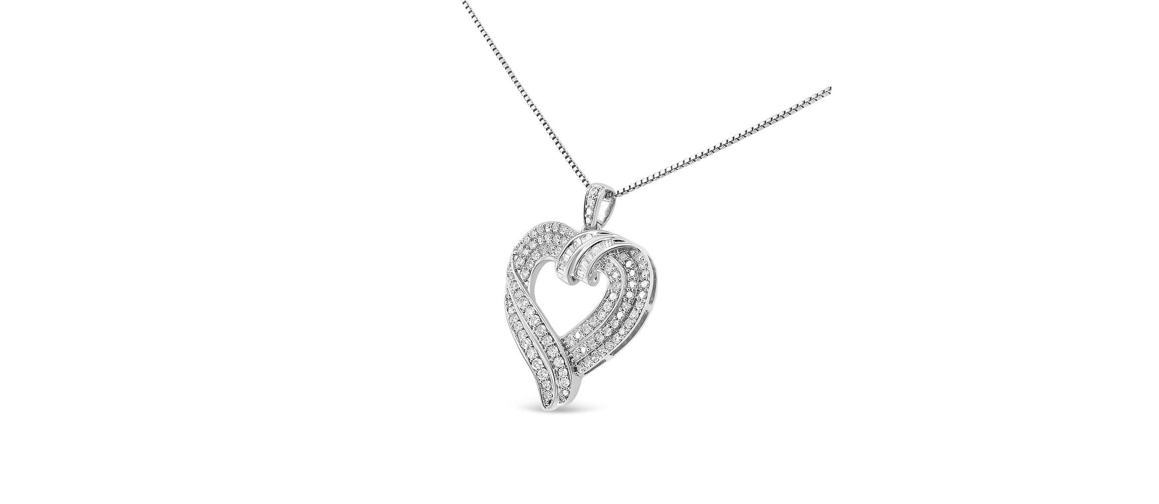 Silver 1.00 Cttw Baguette Diamond Composite Open Heart 18" Inch Pendant Necklace
