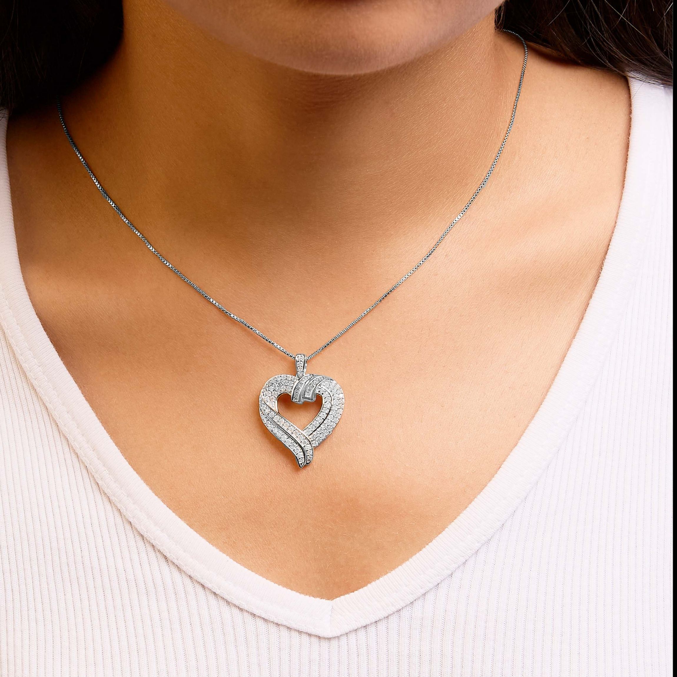 Silver 1.00 Cttw Baguette Diamond Composite Open Heart 18" Inch Pendant Necklace