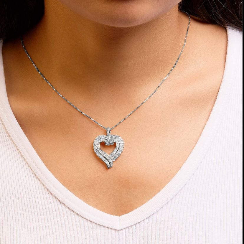Silver 1.00 Cttw Baguette Diamond Composite Open Heart 18" Inch Pendant Necklace