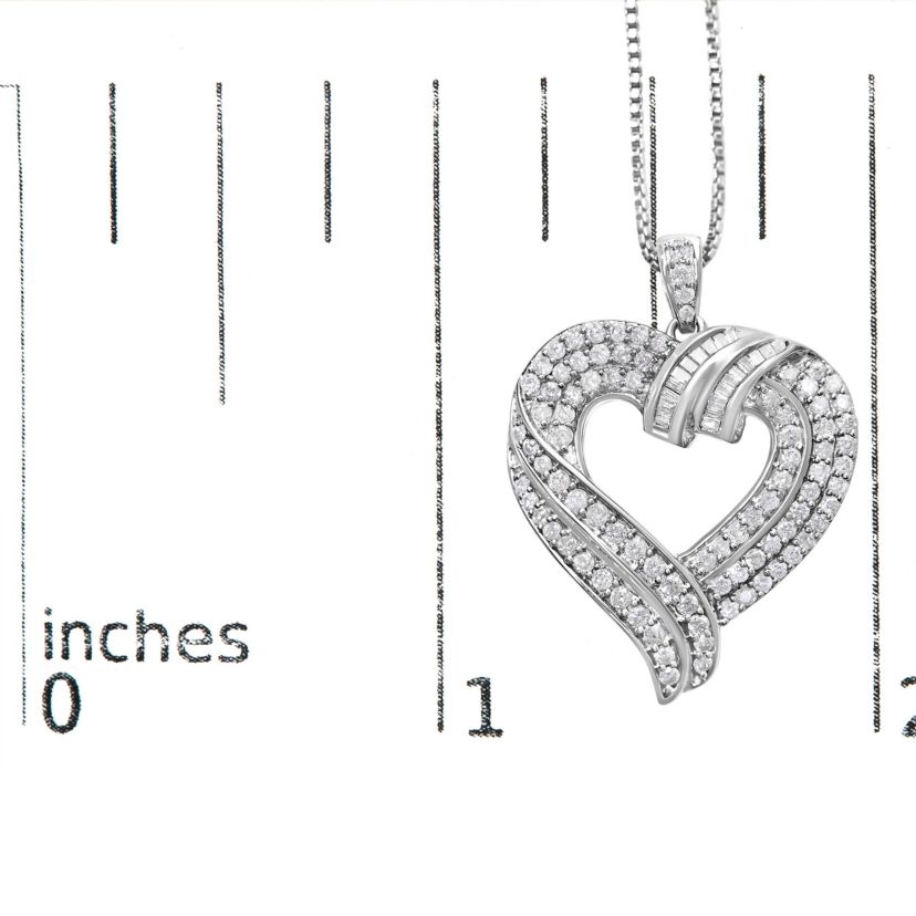 Silver 1.00 Cttw Baguette Diamond Composite Open Heart 18" Inch Pendant Necklace