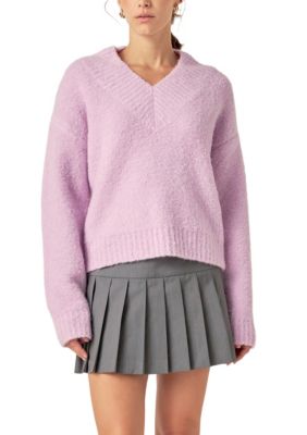 ENGLISH FACTORY Women's V Neck Knit Top, Lilac, Small