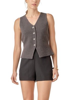ENGLISH FACTORY Women's RHINESTONE BOW BUTTON KNIT VEST, Grey, Large