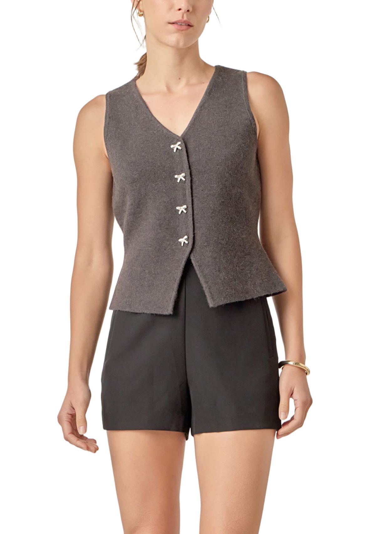 RHINESTONE BOW BUTTON KNIT VEST