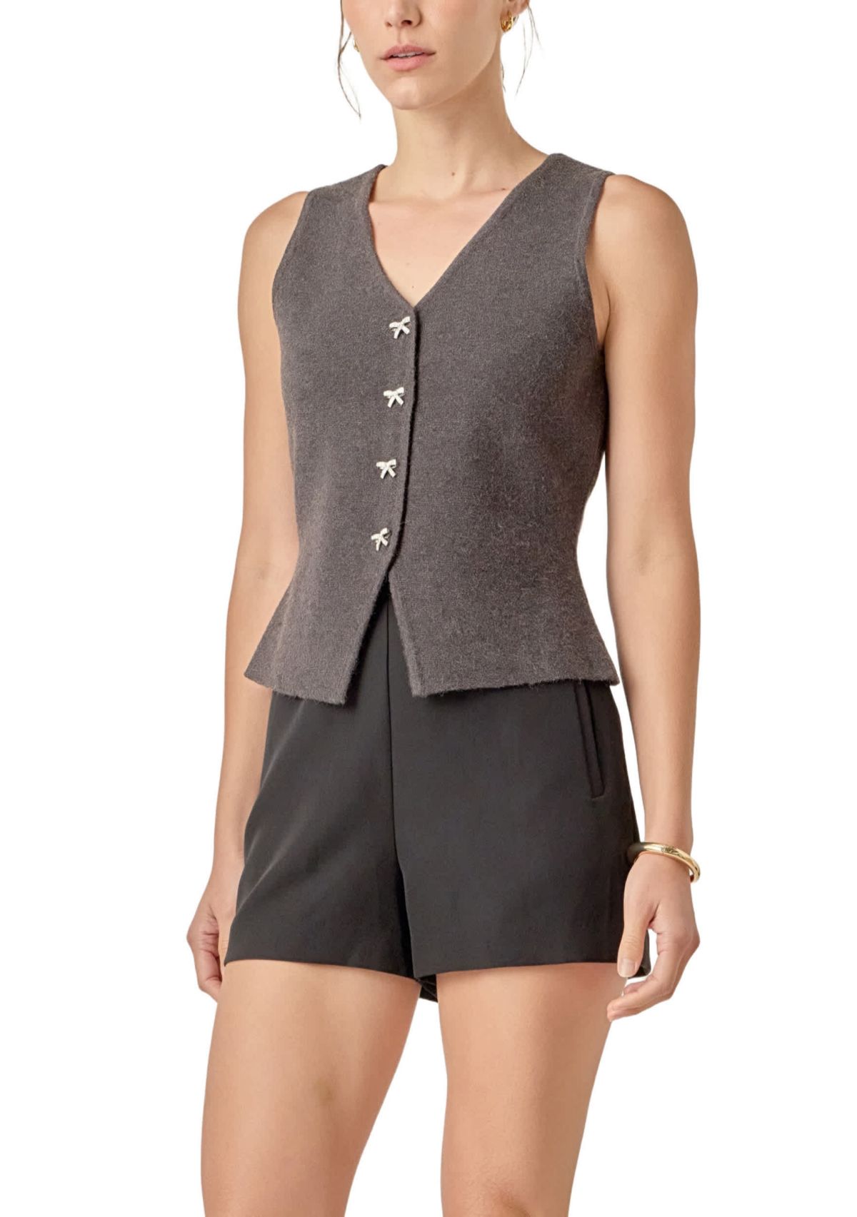 RHINESTONE BOW BUTTON KNIT VEST