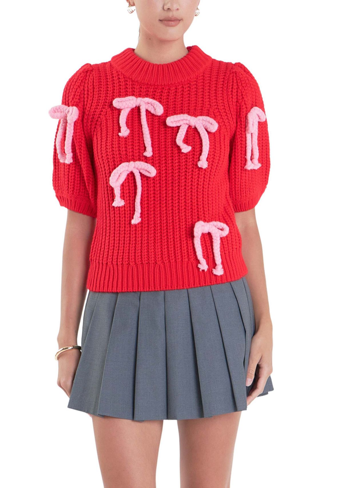 Bow Detailed Puff Sleeves Knit