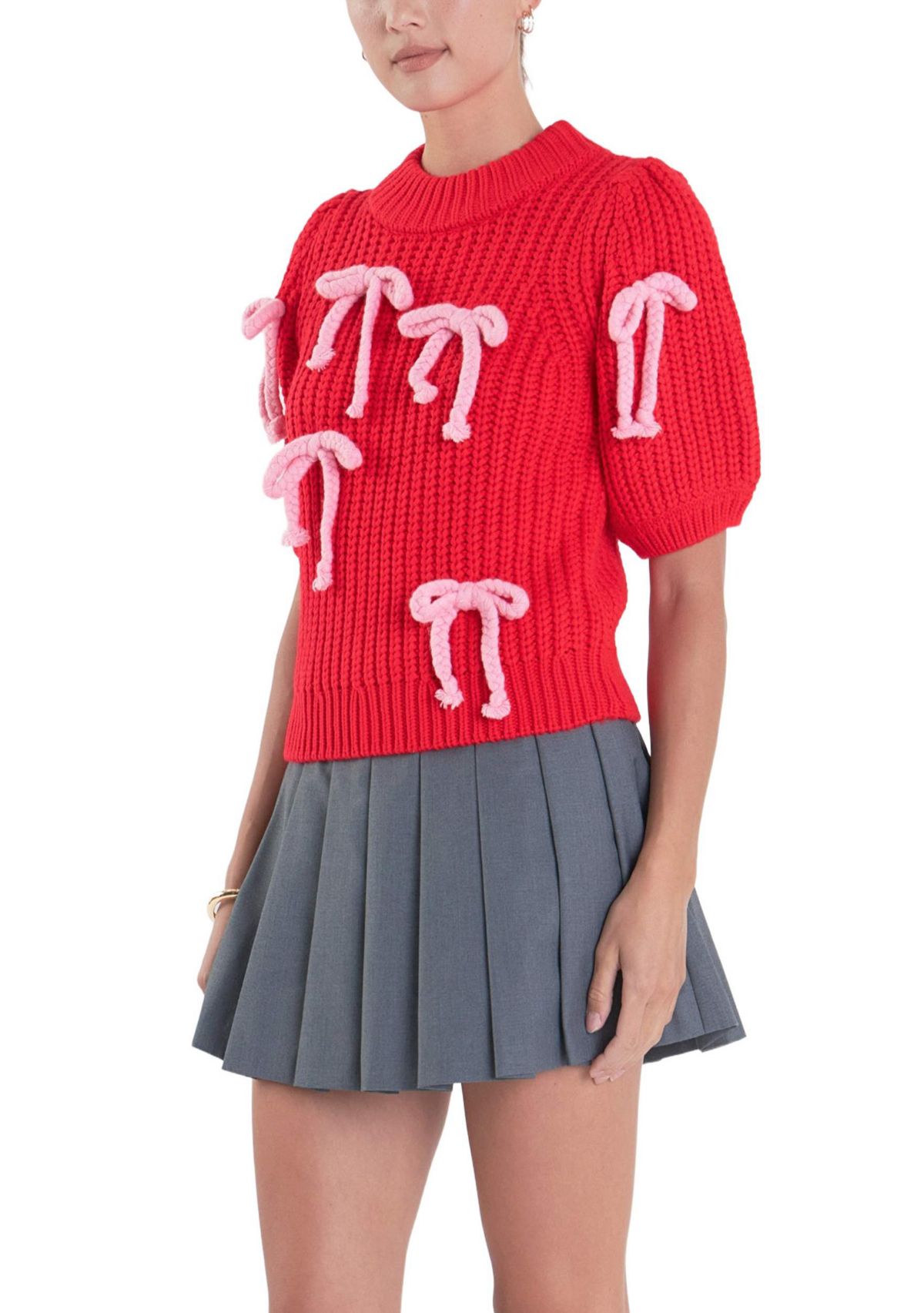 Bow Detailed Puff Sleeves Knit