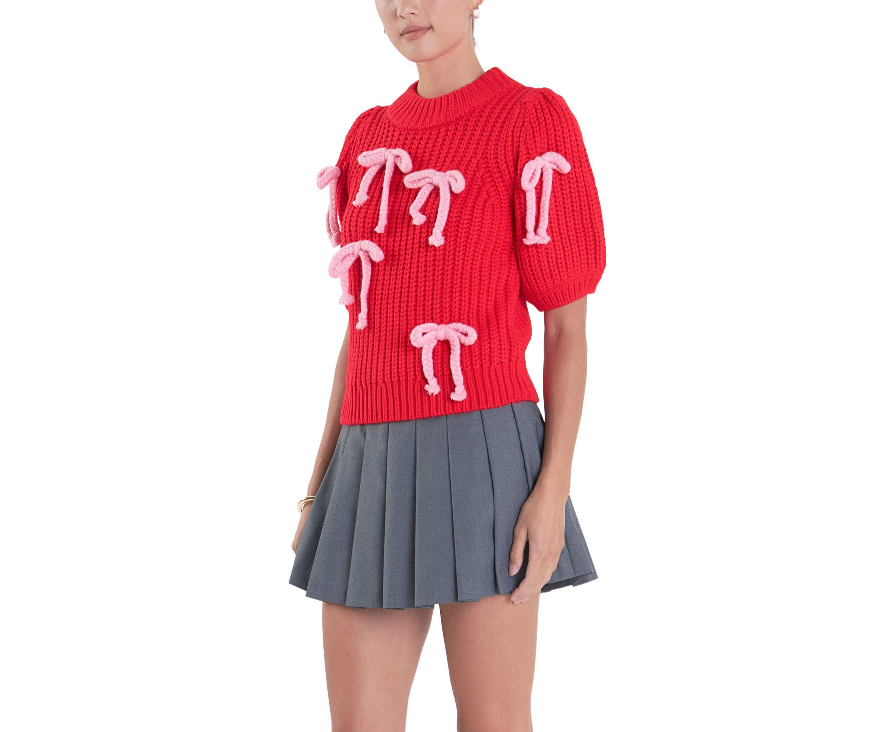 Bow Detailed Puff Sleeves Knit