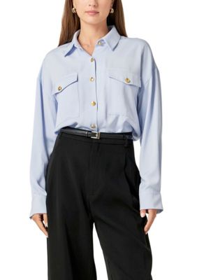 ENGLISH FACTORY Women's GOLD BUTTON SHIRT BLOUSE, Blue, Small