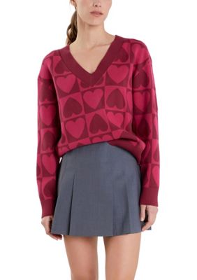 ENGLISH FACTORY Women's Heart Knit Sweater, Pink, Small