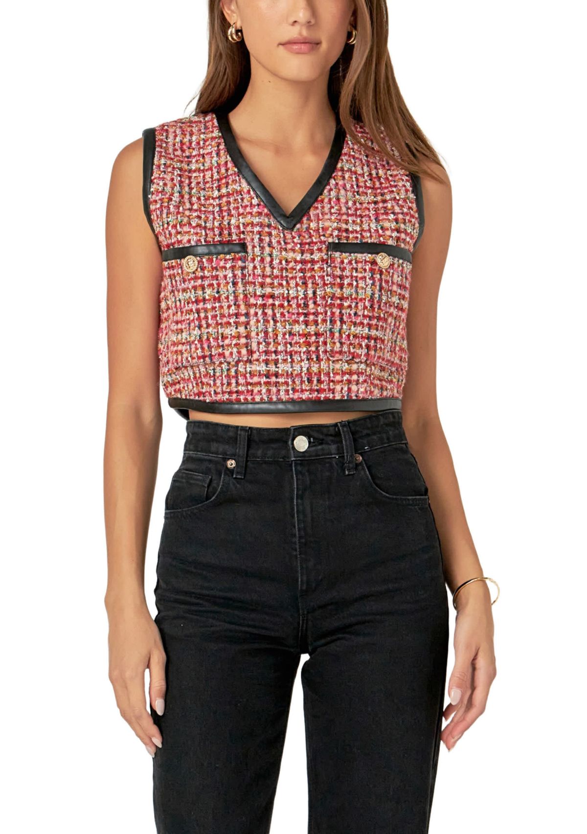 Tweed Vest with Faux Leather Trim