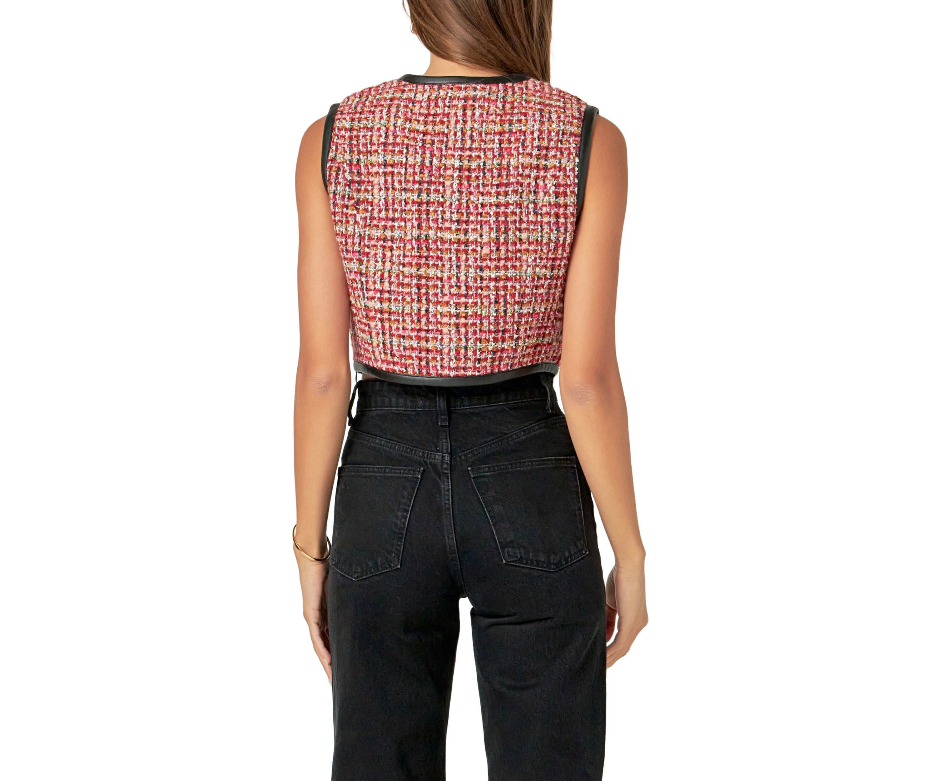 Tweed Vest with Faux Leather Trim