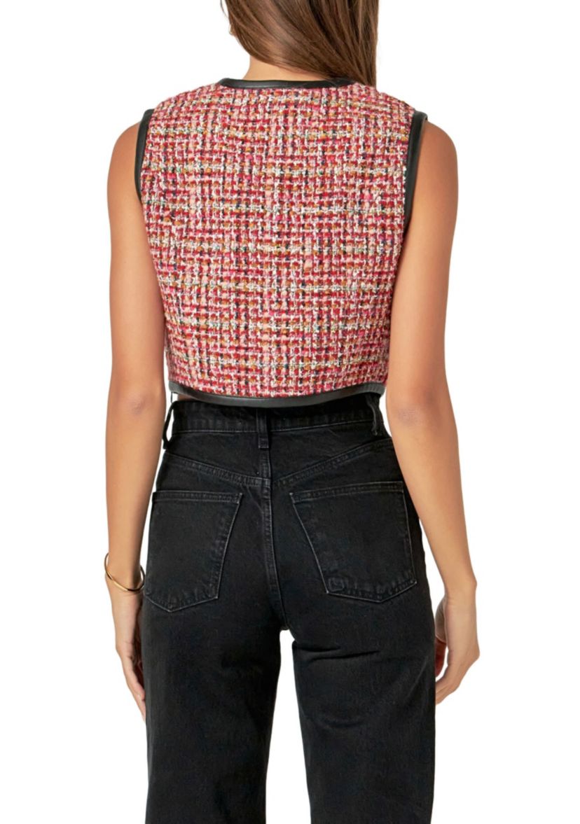 Tweed Vest with Faux Leather Trim