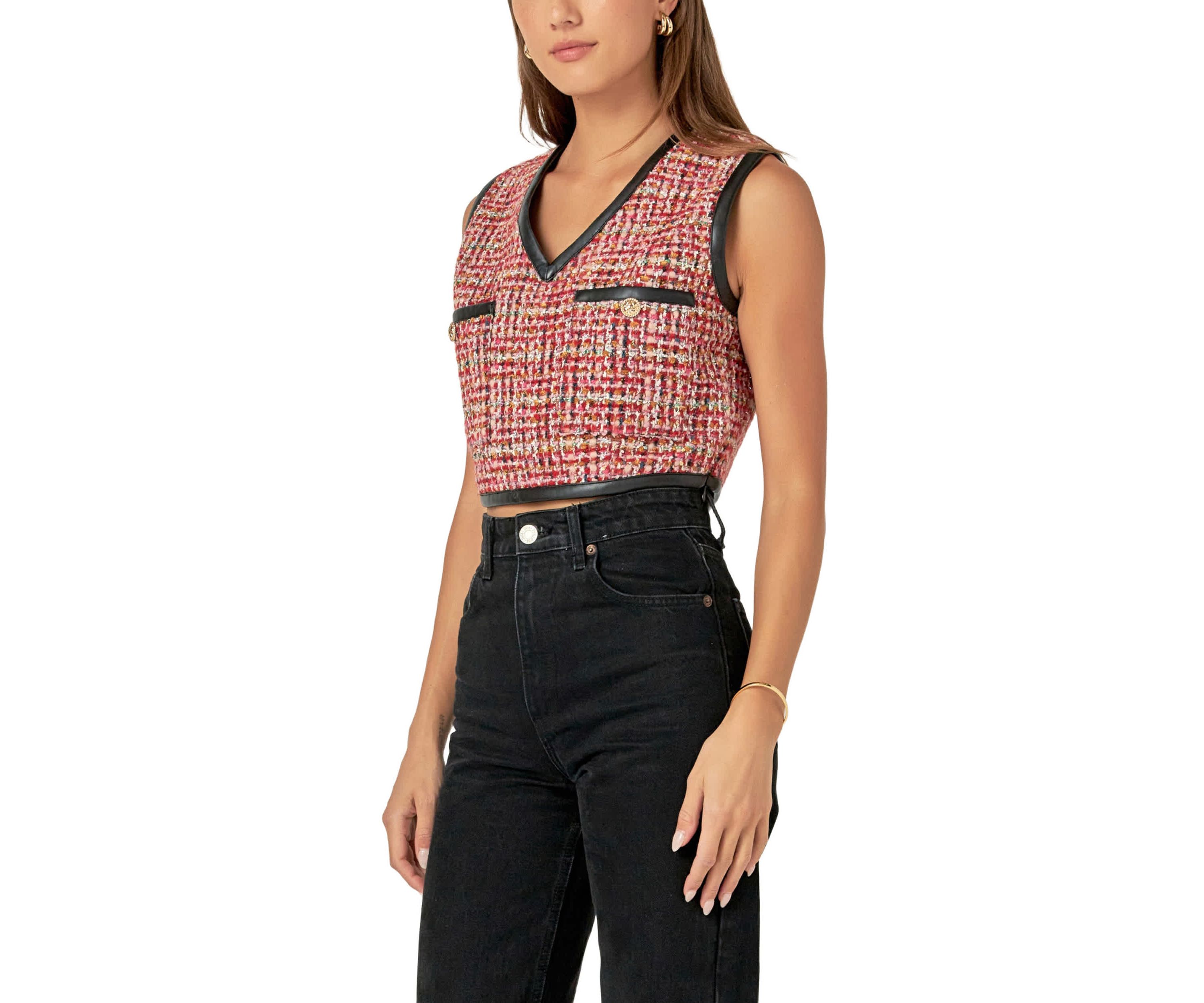 Tweed Vest with Faux Leather Trim
