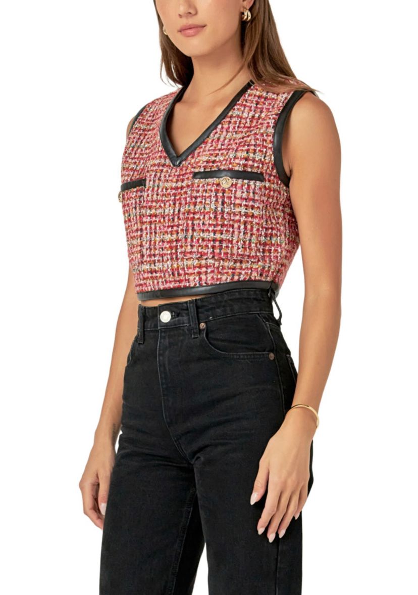 Tweed Vest with Faux Leather Trim