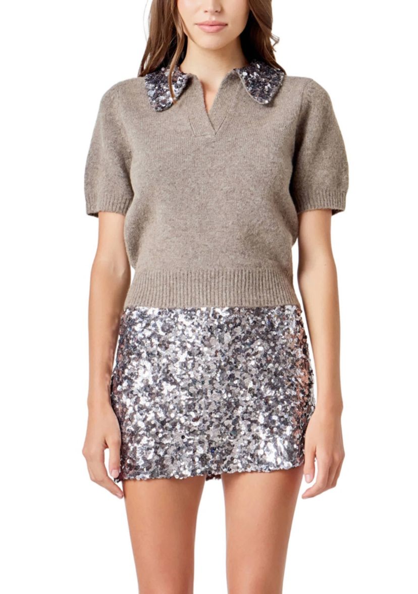 Sequin Accent Collar Knit Sweater Top