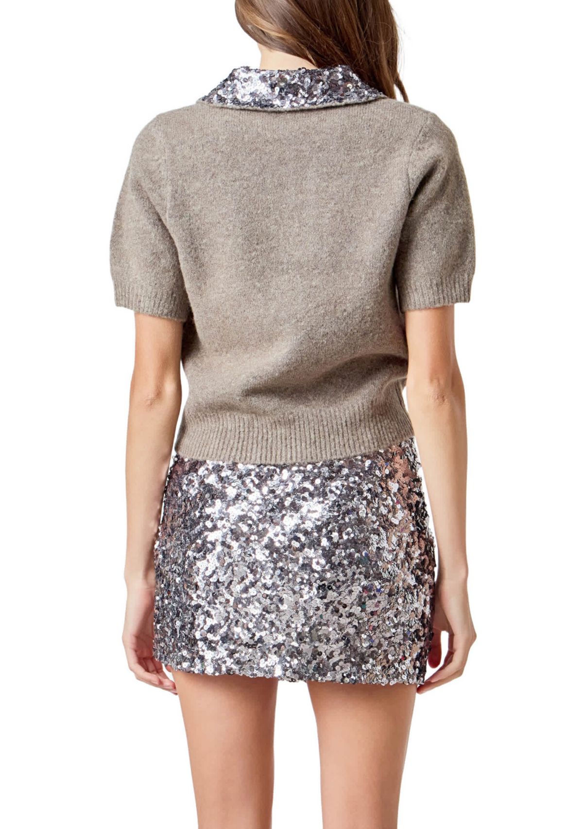 Sequin Accent Collar Knit Sweater Top