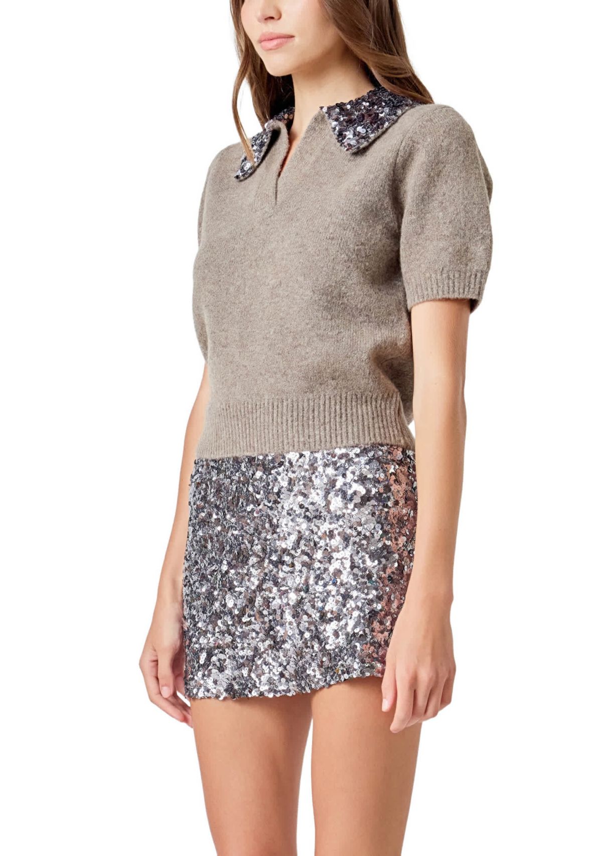 Sequin Accent Collar Knit Sweater Top