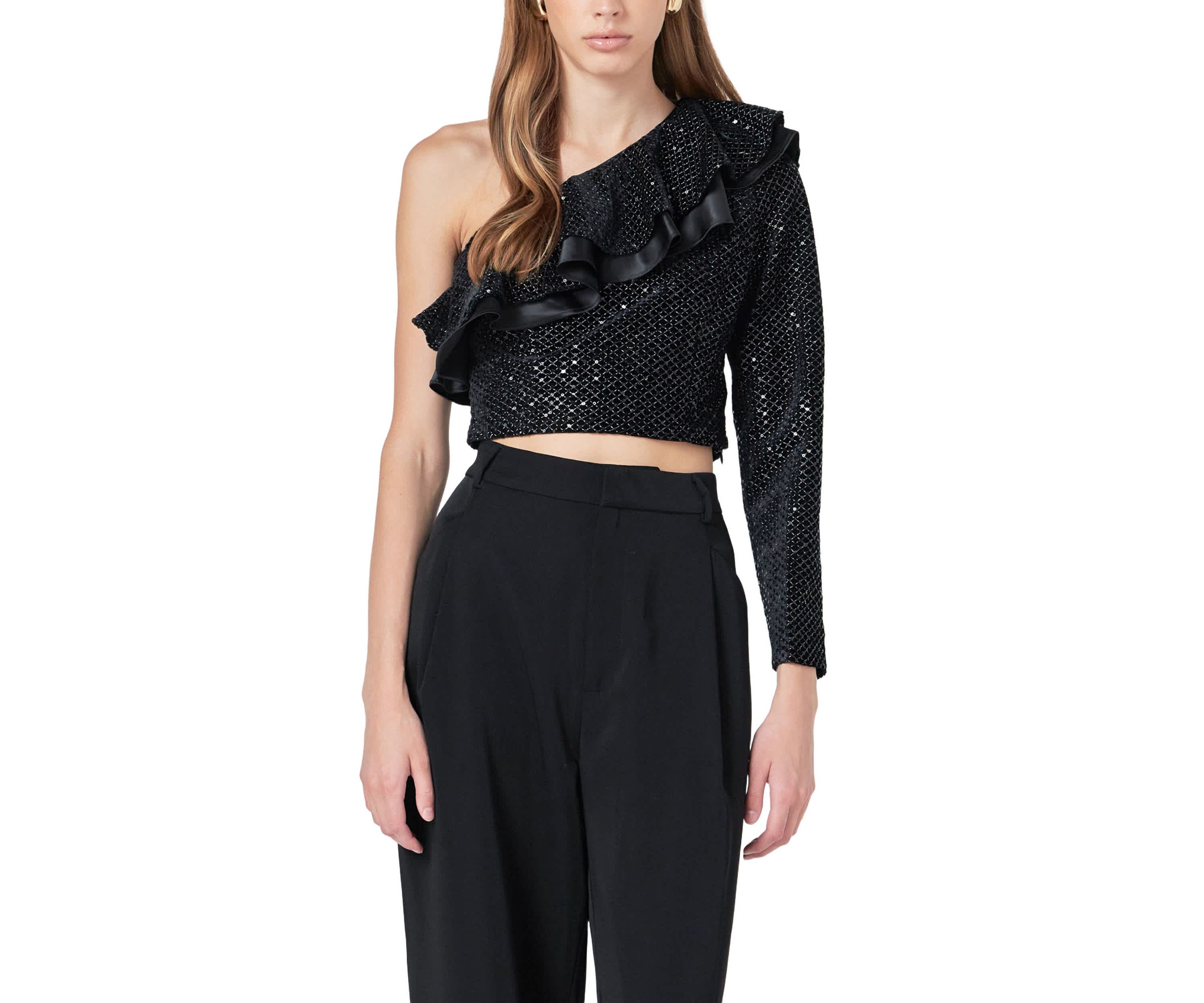 Satin Contrast Velvet One Shoulder Top