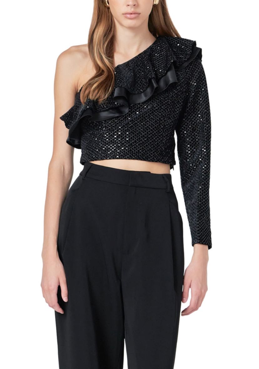 Satin Contrast Velvet One Shoulder Top