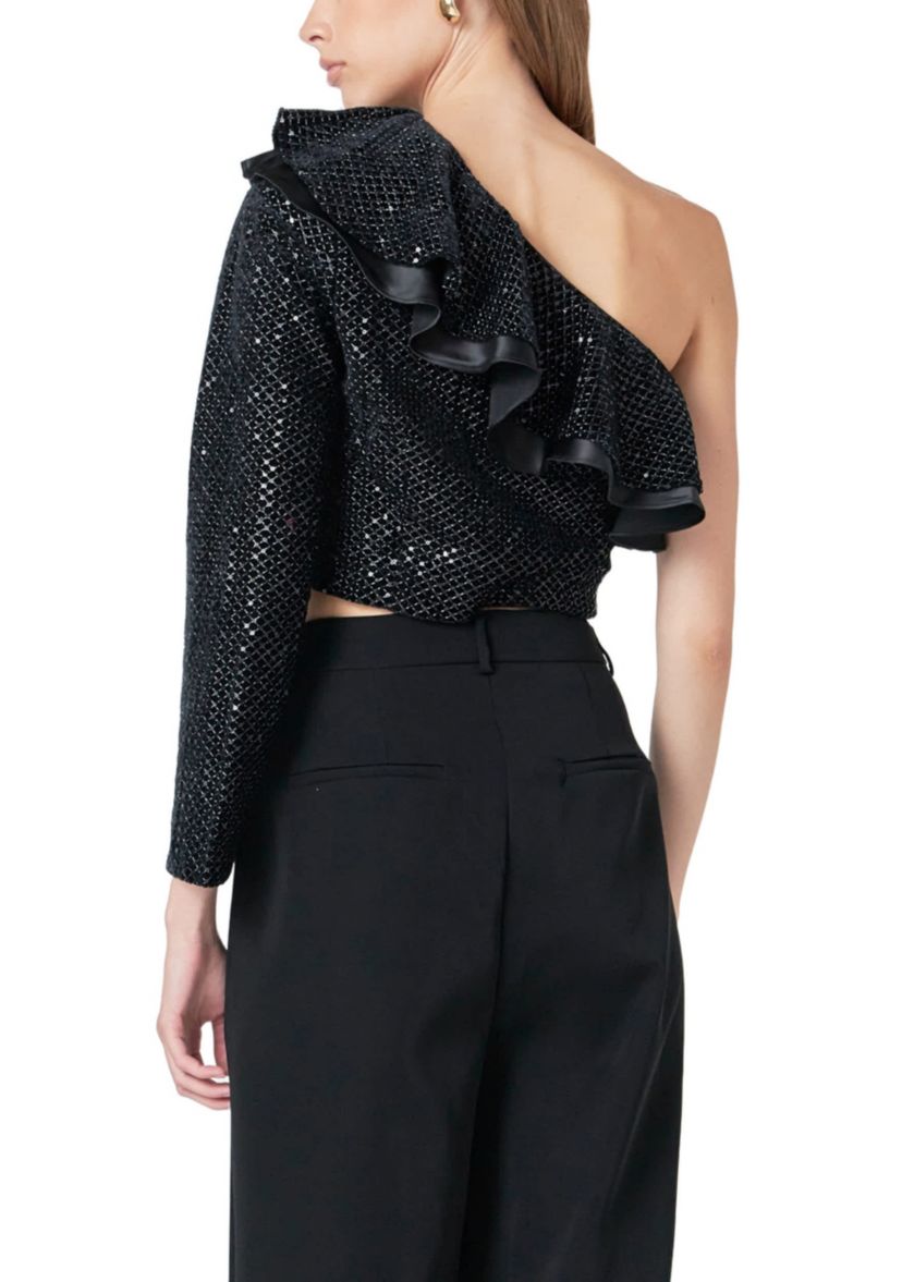Satin Contrast Velvet One Shoulder Top