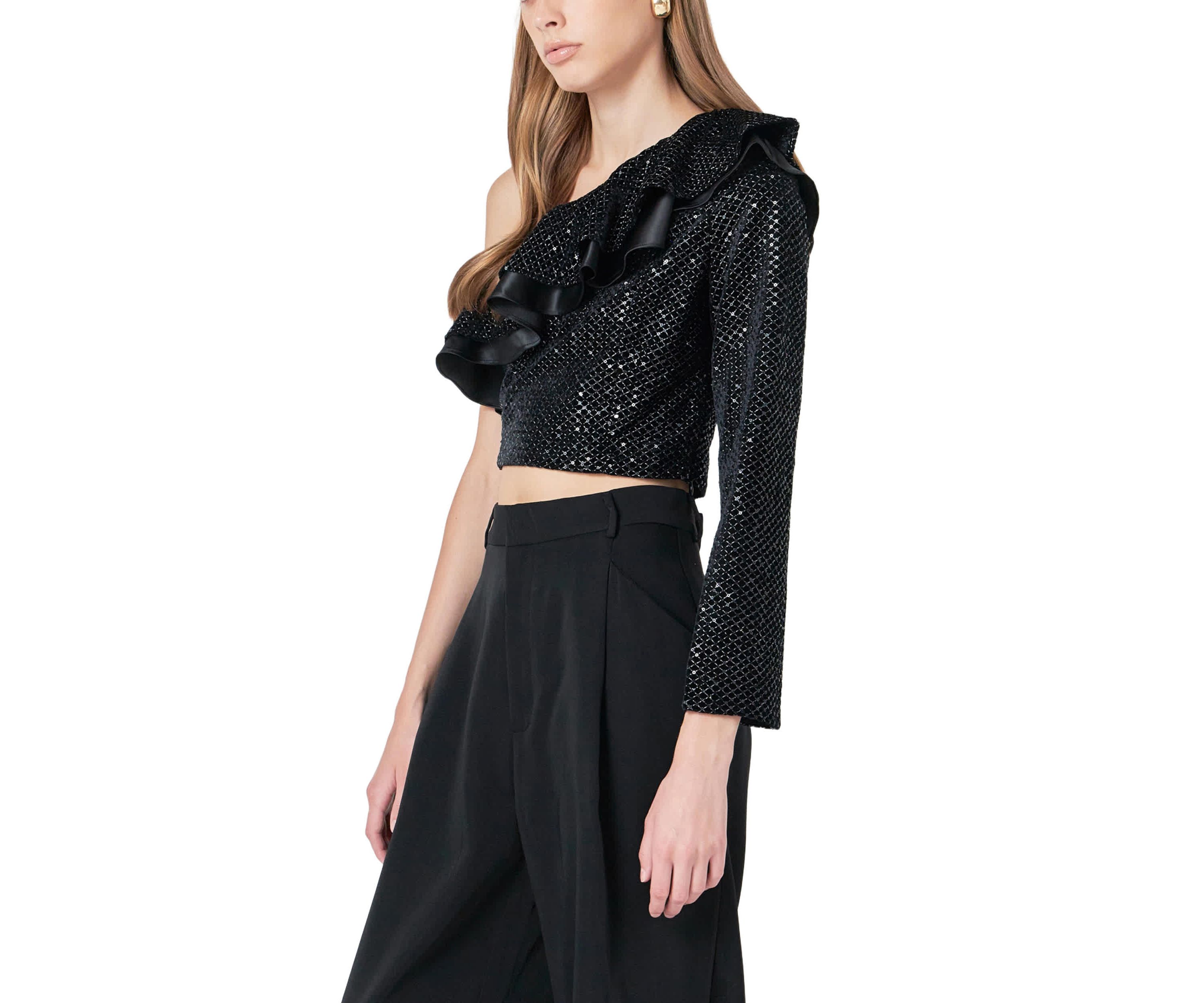 Satin Contrast Velvet One Shoulder Top