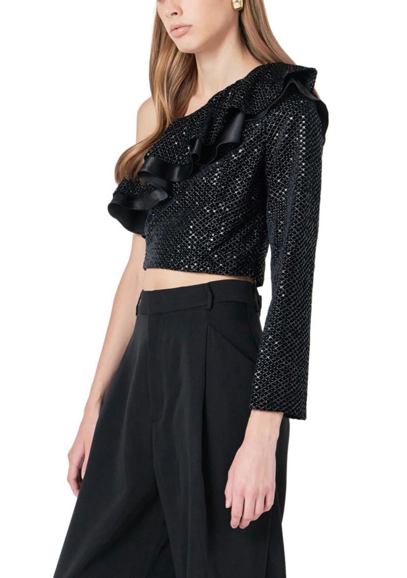 Satin Contrast Velvet One Shoulder Top