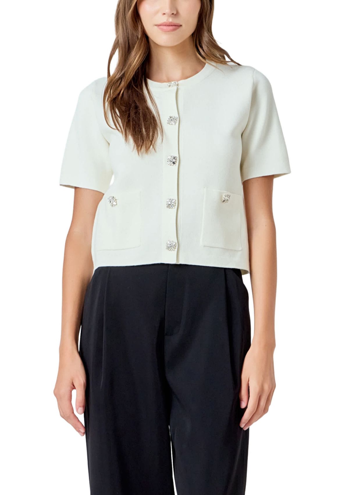 Short Sleeve Jewel Button-Up Cardigan