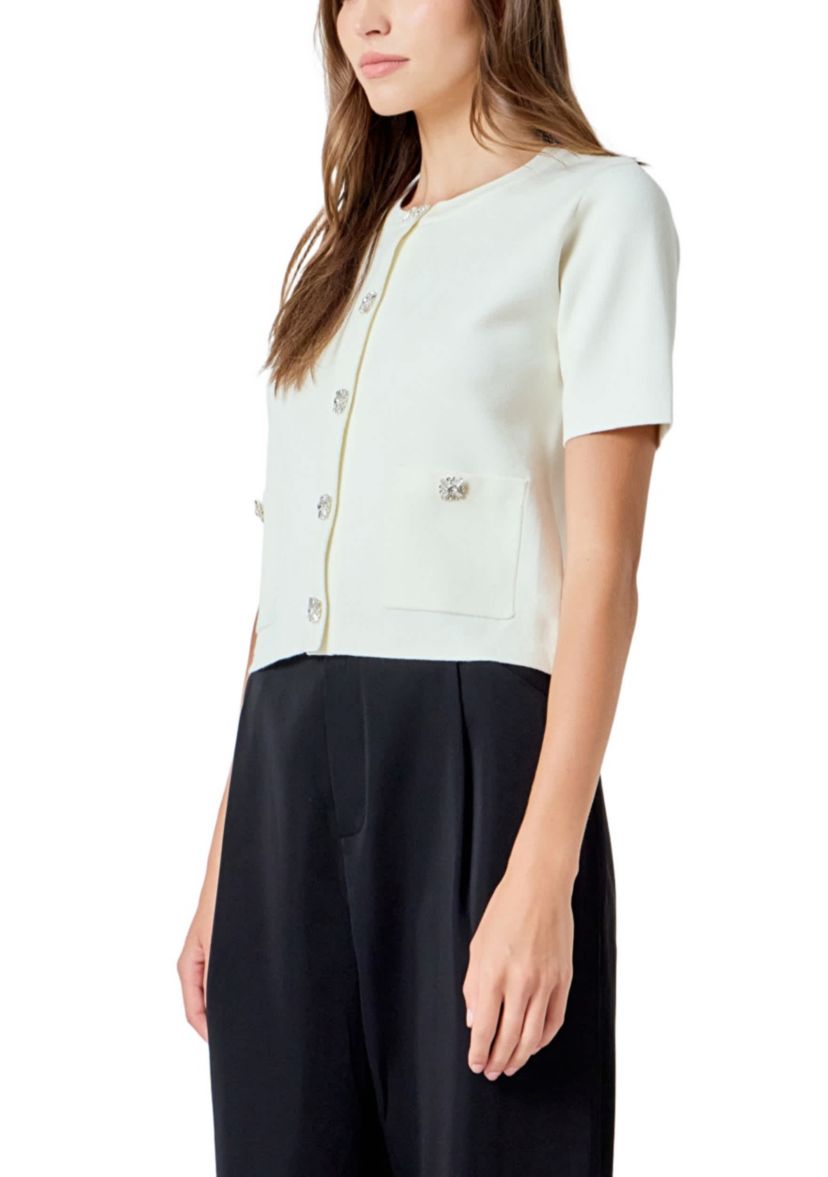 Short Sleeve Jewel Button-Up Cardigan