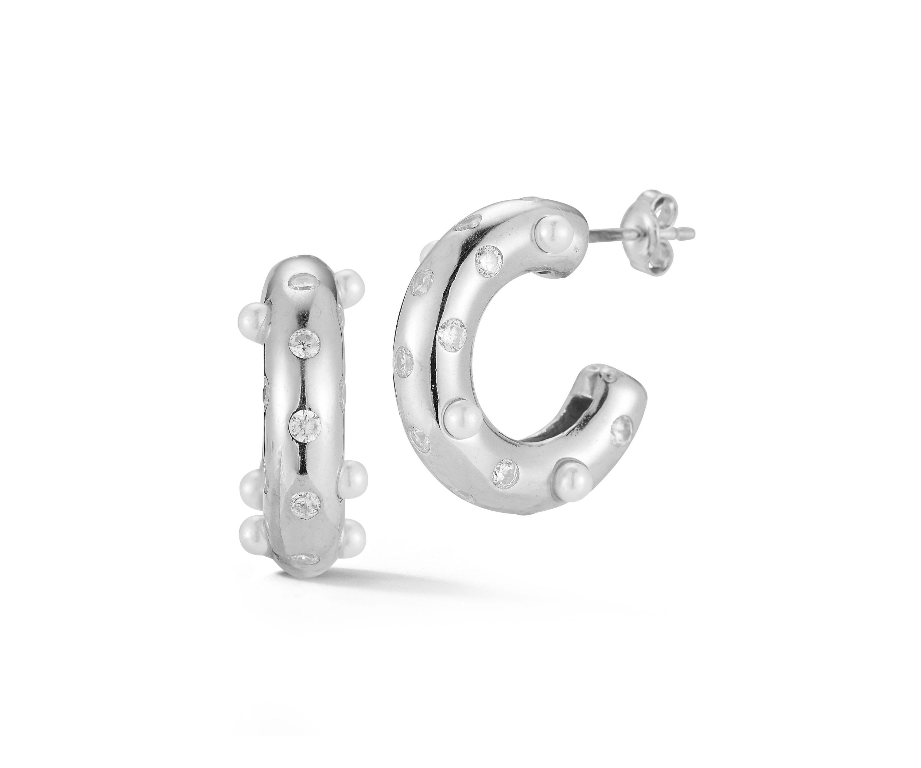 Sterling Silver Cubic Zirconia and Pearl Hoop Earrings