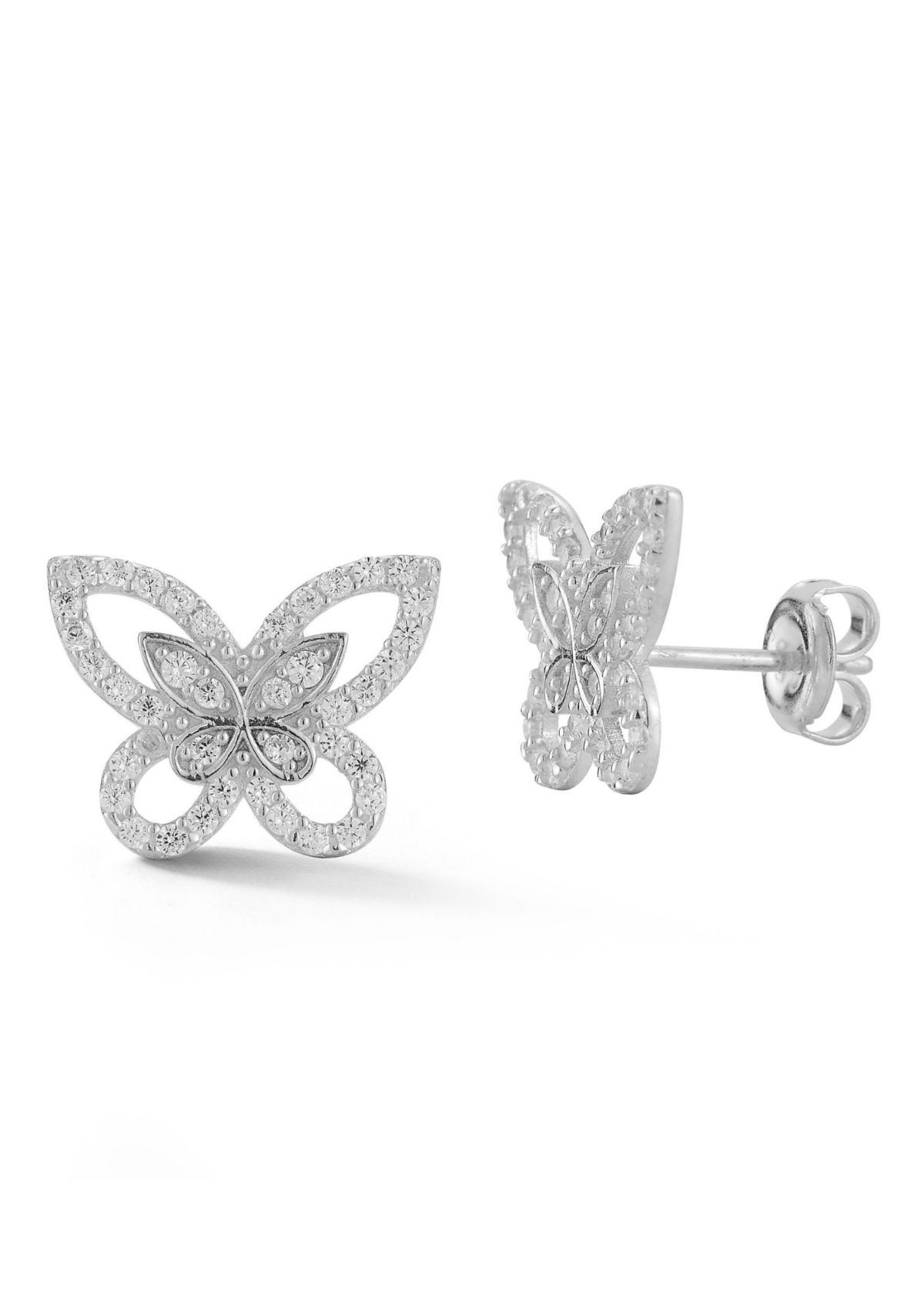 Sterling Silver Cubic Zirconia Double Butterfly Stud Earrings