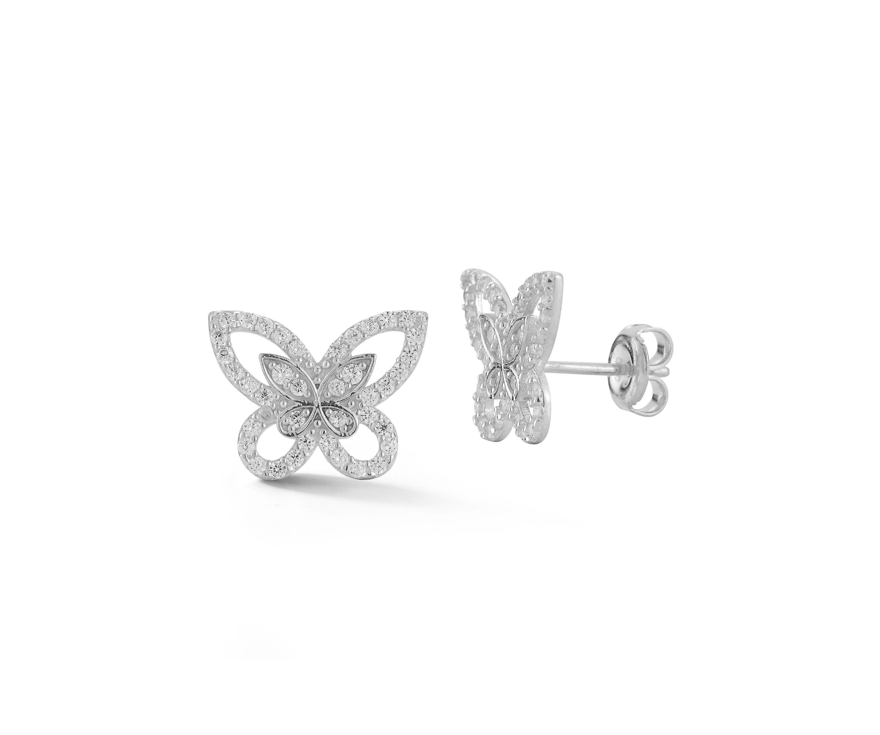 Sterling Silver Cubic Zirconia Double Butterfly Stud Earrings