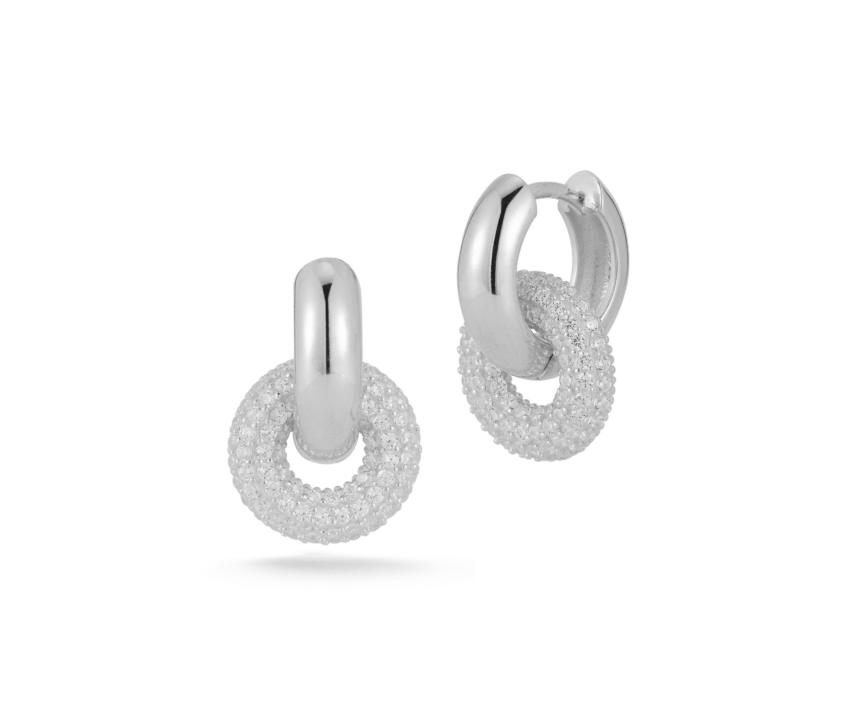 Sterling Silver Open Bold Cubic Zirconia Pave Link Huggie Hoop Earrings