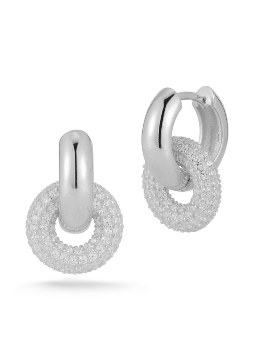 Sterling Silver Open Bold Cubic Zirconia Pave Link Huggie Hoop Earrings