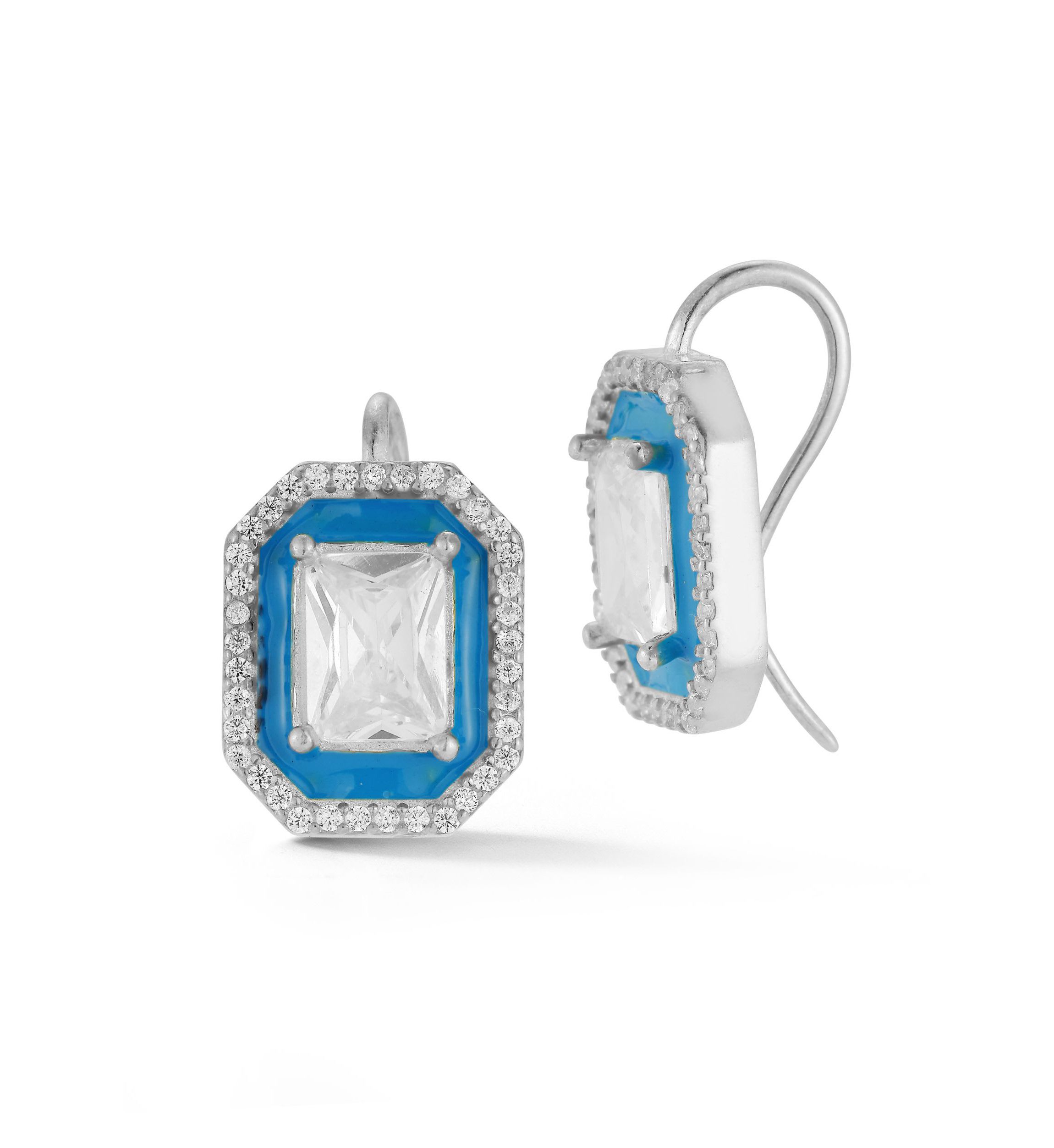 Sterling Silver Cubic Zirconia and Enamel Emerald Cut Earrings